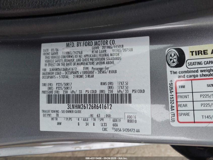 2006 Lincoln Zephyr VIN: 3LNHM26126R641612 Lot: 43315456