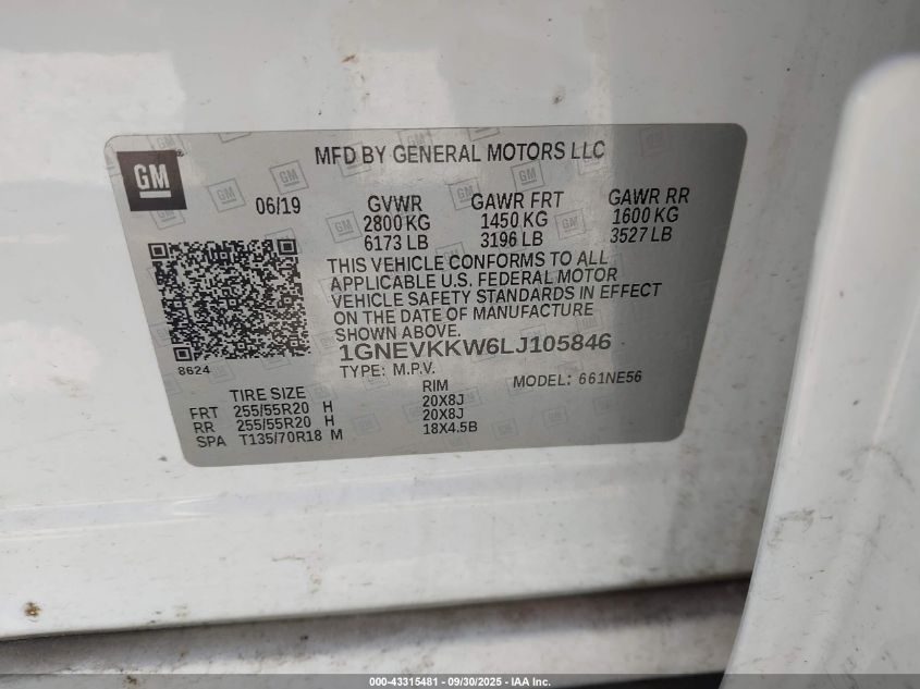 2020 Chevrolet Traverse Awd Premier VIN: 1GNEVKKW6LJ105846 Lot: 43315481