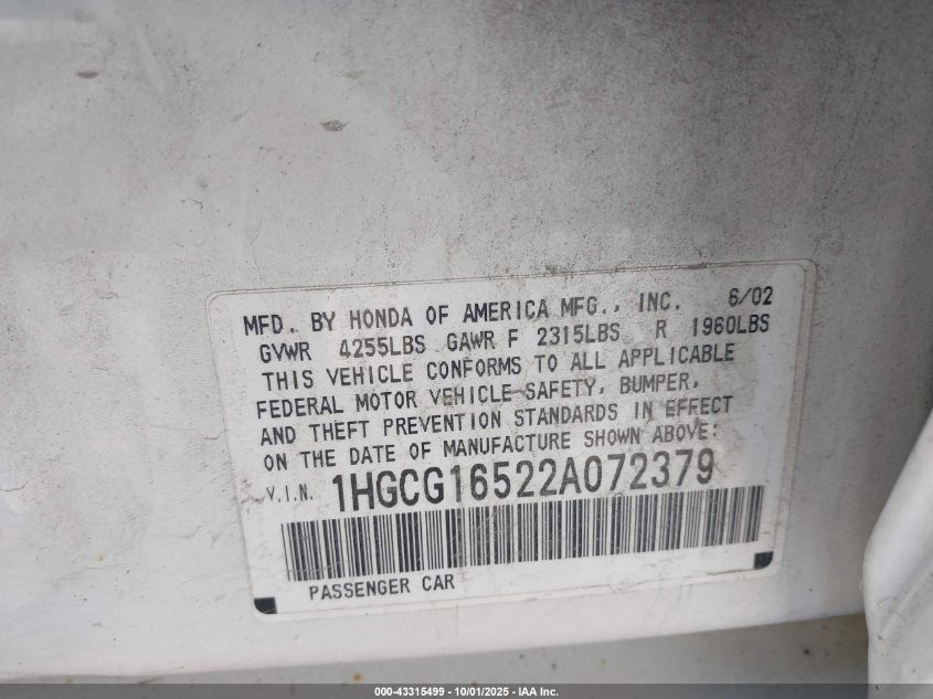 2002 Honda Accord 3.0 Ex VIN: 1HGCG16522A072379 Lot: 43315499