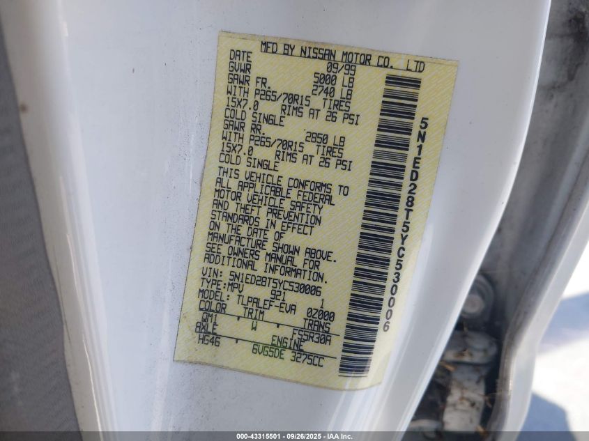 2000 Nissan Xterra Se/Xe VIN: 5N1ED28T5YC530006 Lot: 43315501