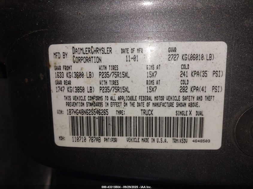 2002 Dodge Dakota Slt VIN: 1B7HG48N62S546265 Lot: 43315504