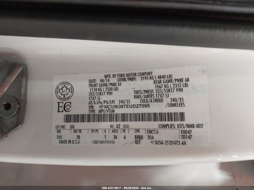 2014 Ford Escape Se VIN: 1FMCU9G97EUD27095 Lot: 43315517