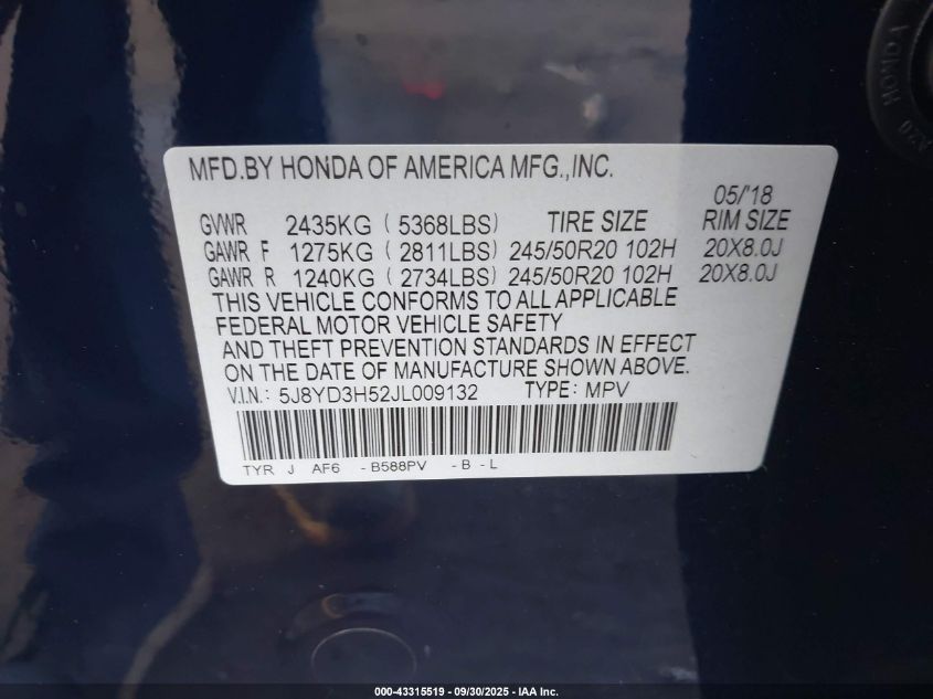 2018 Acura Mdx Technology Package Acurawatch Plus Pkg VIN: 5J8YD3H52JL009132 Lot: 43315519