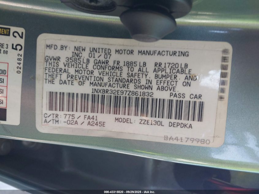 2007 Toyota Corolla Ce VIN: 1NXBR32E97Z861832 Lot: 43315520