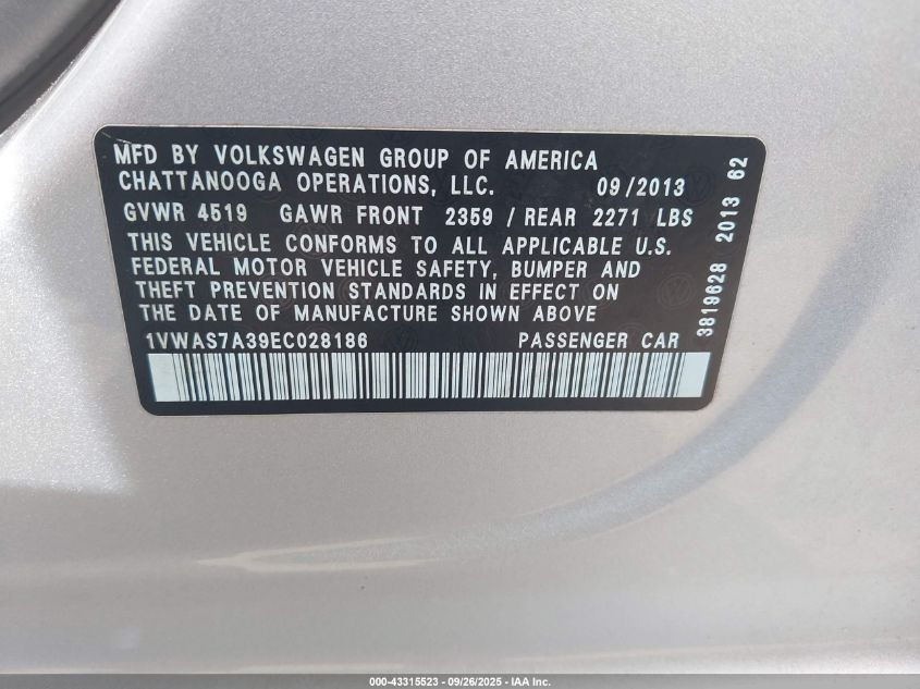 2014 Volkswagen Passat 1.8T S VIN: 1VWAS7A39EC028186 Lot: 43315523