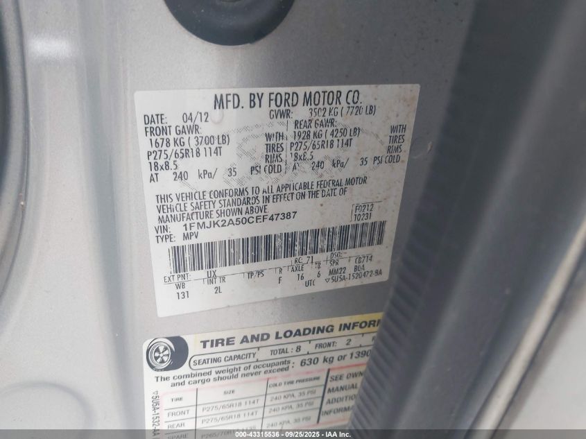 2012 Ford Expedition El Limited VIN: 1FMJK2A50CEF47387 Lot: 43315536