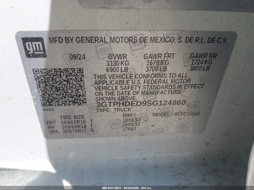 2025 GMC Sierra 1500 2Wd Short Box Slt VIN: 3GTPHDED9SG124860 Lot: 43315541