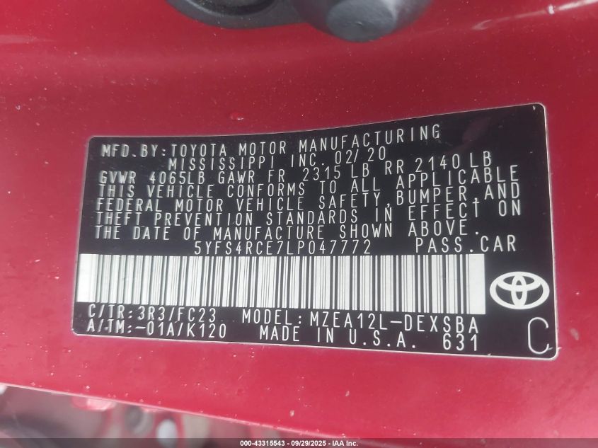 2020 Toyota Corolla Se VIN: 5YFS4RCE7LP047772 Lot: 43315543