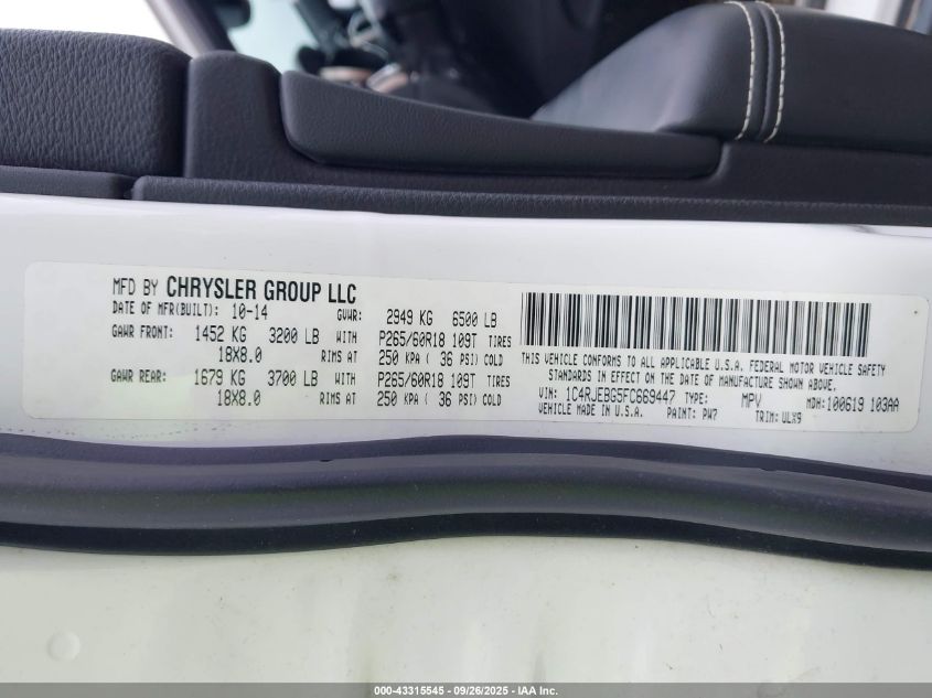 2015 Jeep Grand Cherokee Limited VIN: 1C4RJEBG5FC669447 Lot: 43315545