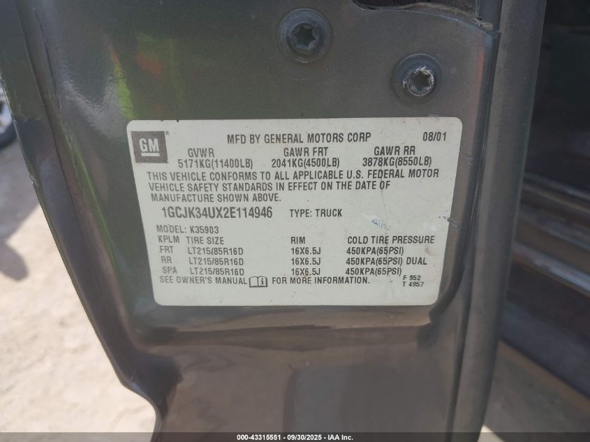 2002 Chevrolet Silverado K3500 VIN: 1GCJK34UX2E1149X Lot: 43315551