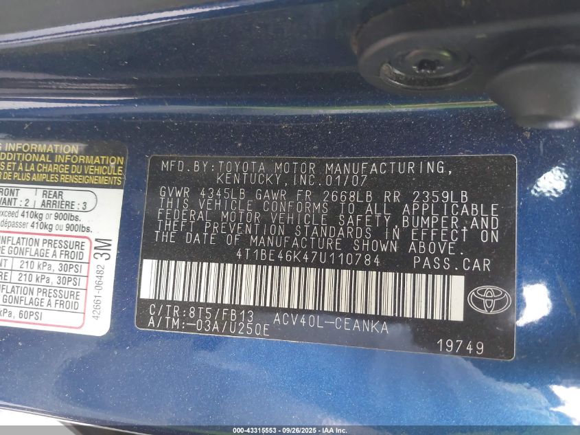 2007 Toyota Camry Le VIN: 4T1BE46K47U110784 Lot: 43315553