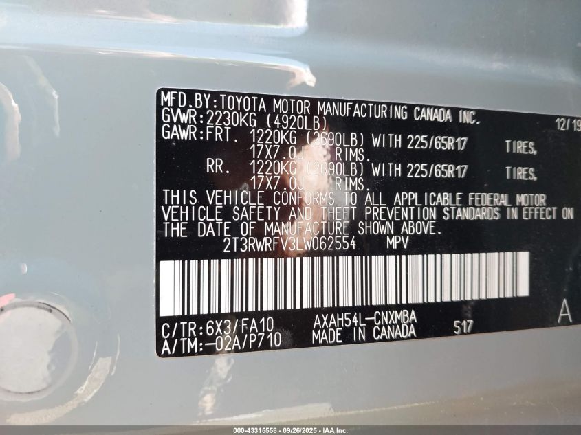 2020 Toyota Rav4 Hybrid Xle VIN: 2T3RWRFV3LW062554 Lot: 43315558