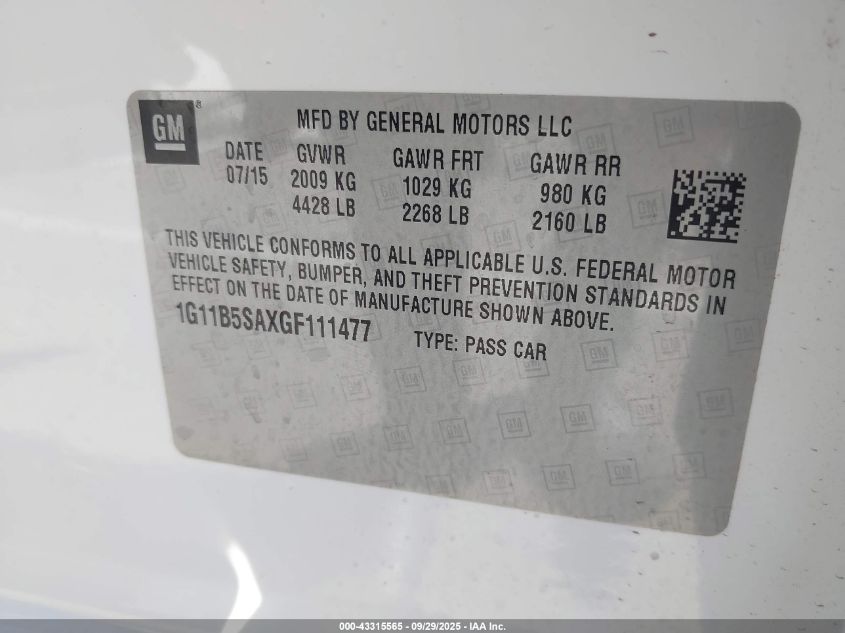 2016 Chevrolet Malibu Limited Ls VIN: 1G11B5SAXGF111477 Lot: 43315565