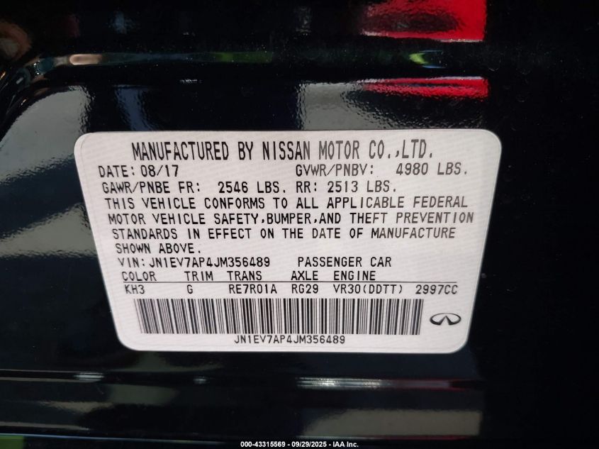 2018 Infiniti Q50 3.0T Luxe VIN: JN1EV7AP4JM356489 Lot: 43315569