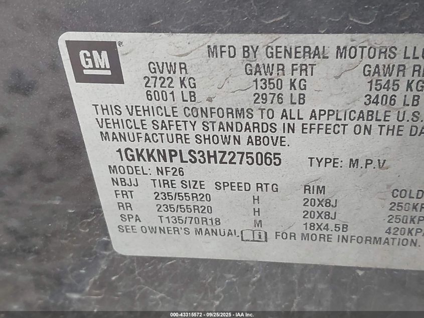 2017 GMC Acadia Denali VIN: 1GKKNPLS3HZ275065 Lot: 43315572