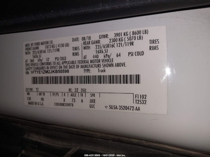 2018 Ford Transit-150 VIN: 1FTYE1ZM2JKB50598 Lot: 43315585