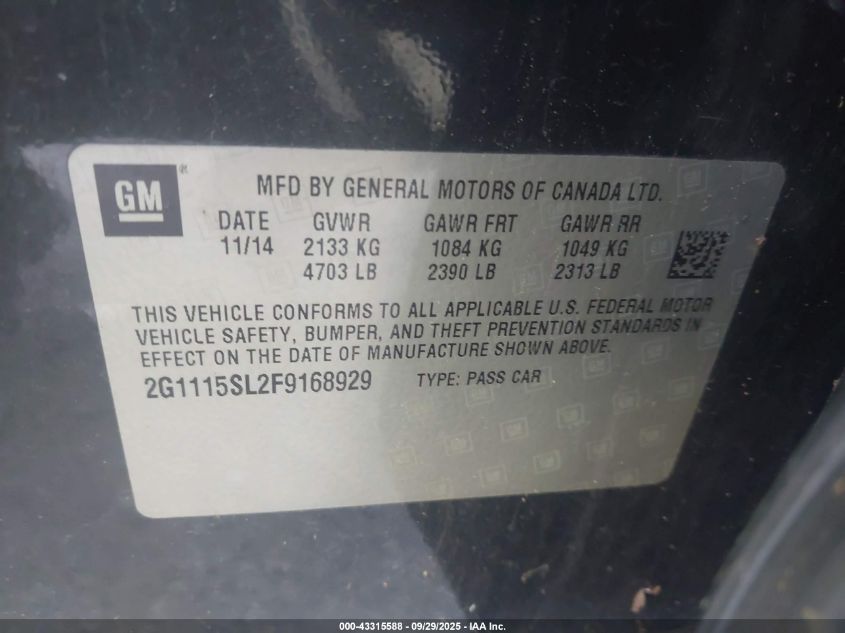 2015 Chevrolet Impala 1Lt VIN: 2G1115SL2F9168929 Lot: 43315588