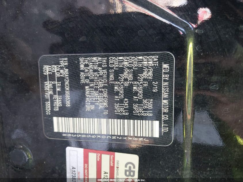 2019 Nissan Armada Platinum VIN: JN8AY2NC0K9585368 Lot: 43315606