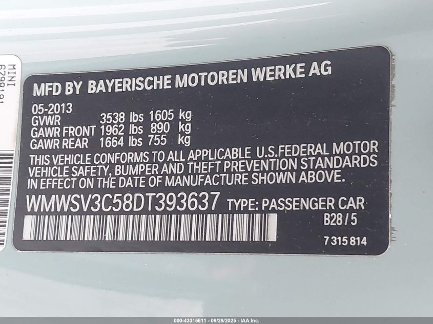 2013 Mini Hardtop Cooper S VIN: WMWSV3C58DT393637 Lot: 43315611