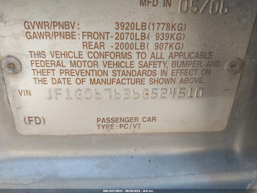 2006 Subaru Impreza 2.5I VIN: JF1GD67636G524510 Lot: 43315633