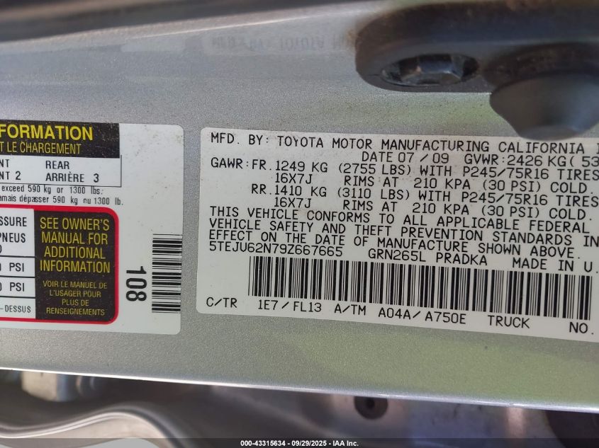 2009 Toyota Tacoma Double Cab Prerunner VIN: 5TEJU62N79Z667665 Lot: 43315634