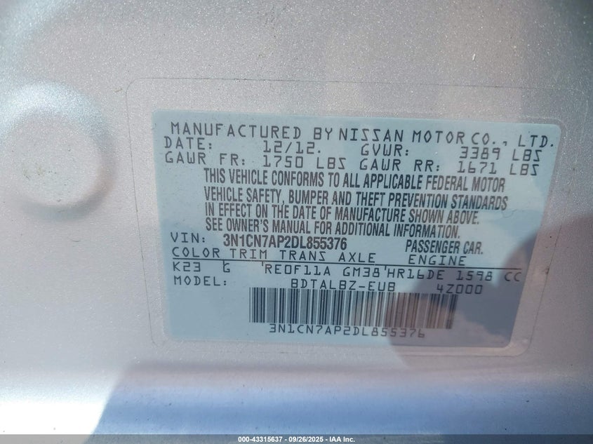 2013 NISSAN VERSA 1.6 SV - 3N1CN7AP2DL855376