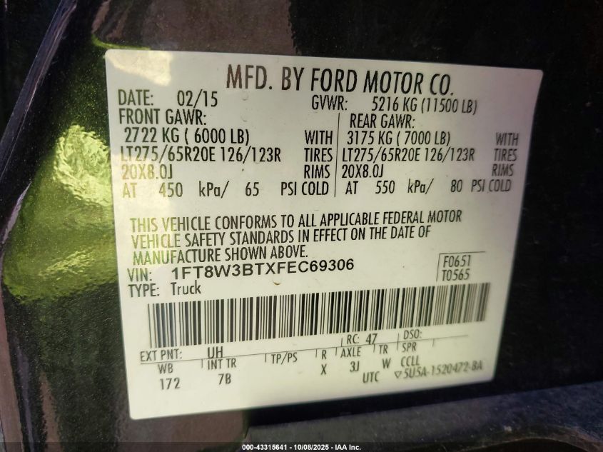 2015 Ford F-350 Lariat VIN: 1FT8W3BTXFEC69306 Lot: 43315641