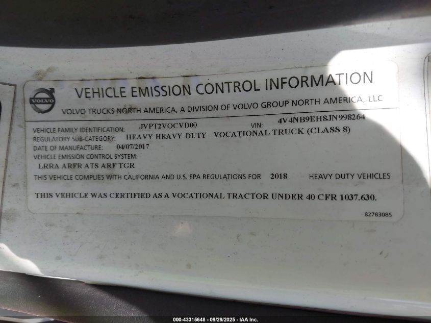 2018 Volvo Vnl VIN: 4V4NB9EH8JN998264 Lot: 43315648
