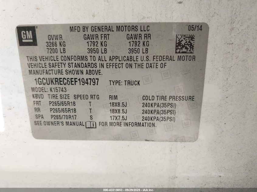 2014 Chevrolet Silverado 1500 1Lt VIN: 1GCUKREC6EF194797 Lot: 43315653