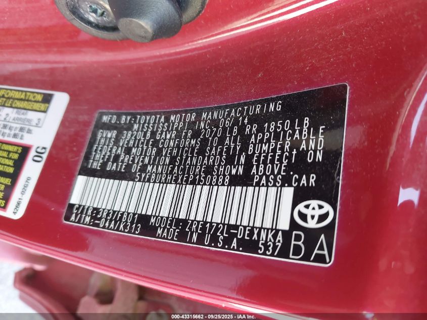 2014 Toyota Corolla Le VIN: 5YFBURHEXEP150888 Lot: 43315662