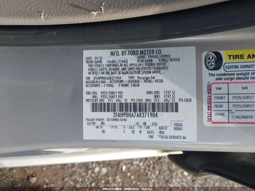 2010 Ford Fusion Se VIN: 3FAHP0HA7AR371904 Lot: 43315669