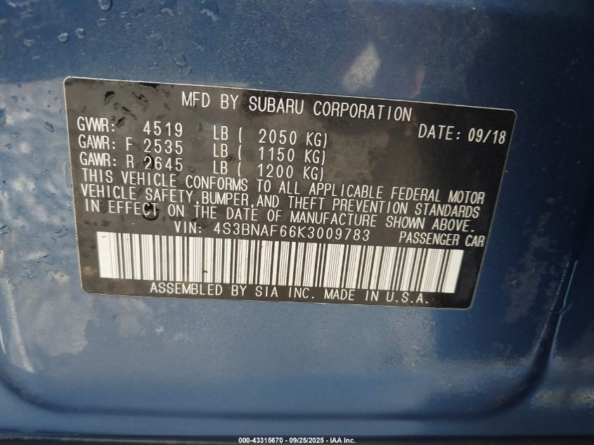 2019 Subaru Legacy VIN: 4S3GNAF69K3009783 Lot: 43315670