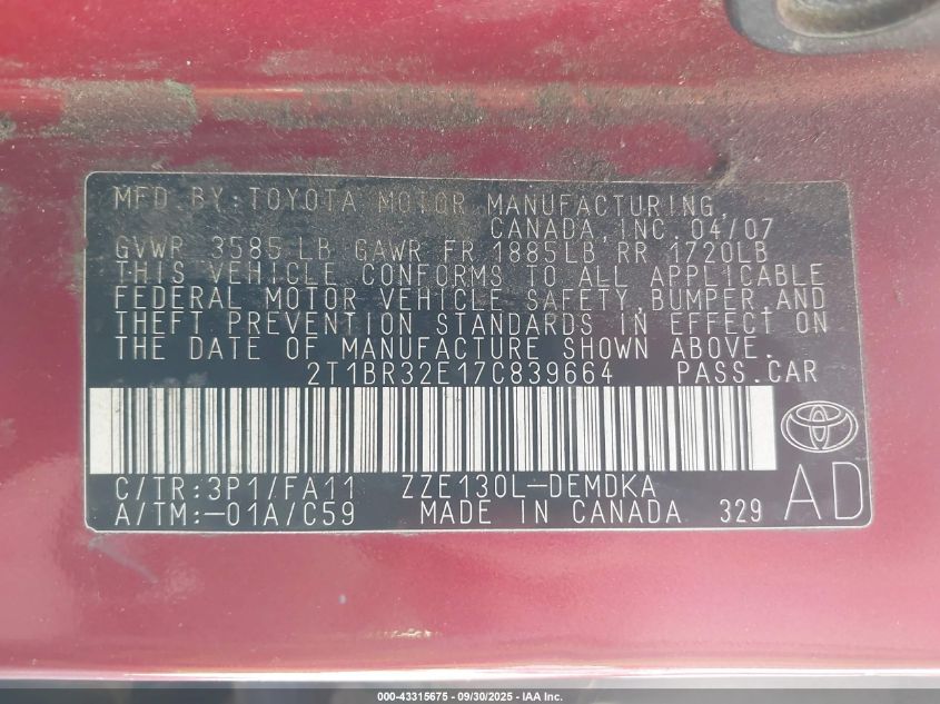 2007 Toyota Corolla Ce VIN: 2T1BR32E17C839664 Lot: 43315675