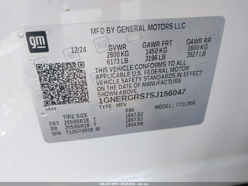 2025 Chevrolet Traverse Fwd Lt VIN: 1GNERGRS7SJ156047 Lot: 43315676