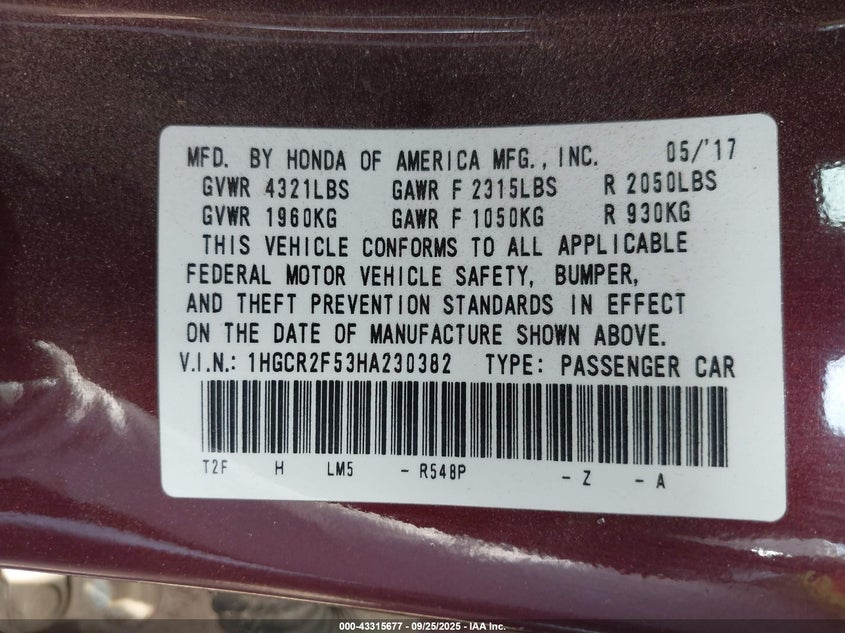 2017 HONDA ACCORD SPORT - 1HGCR2F53HA230382