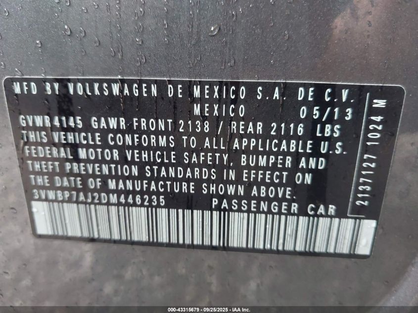 2013 Volkswagen Jetta 2.5L Se VIN: 3VWBP7AJ2DM446235 Lot: 43315679