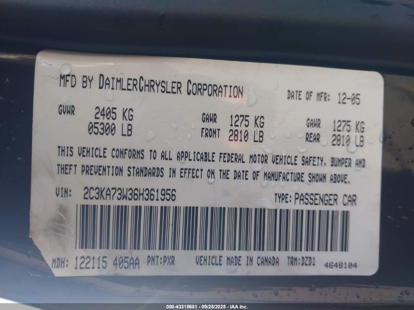 2006 Chrysler 300C Srt8 VIN: 2C3KA73W36H361956 Lot: 43315681