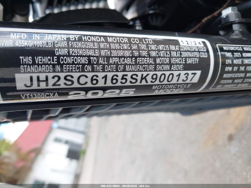 2025 Honda Vt1300 Cxa VIN: JH2SC6165SK900137 Lot: 43315684