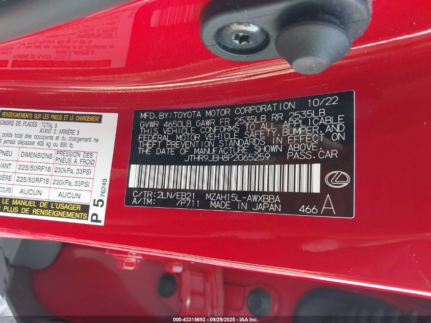 2023 Lexus Ux 250H F Sport Handling VIN: JTHR9JBH8P2065259 Lot: 43315692