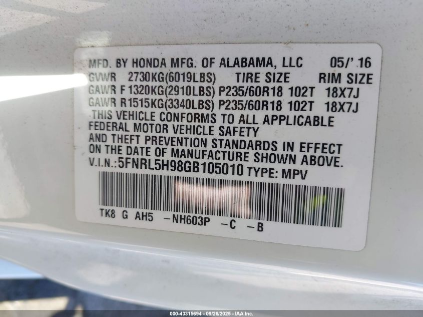 2016 Honda Odyssey Touring/Touring Elite VIN: 5FNRL5H98GB105010 Lot: 43315694