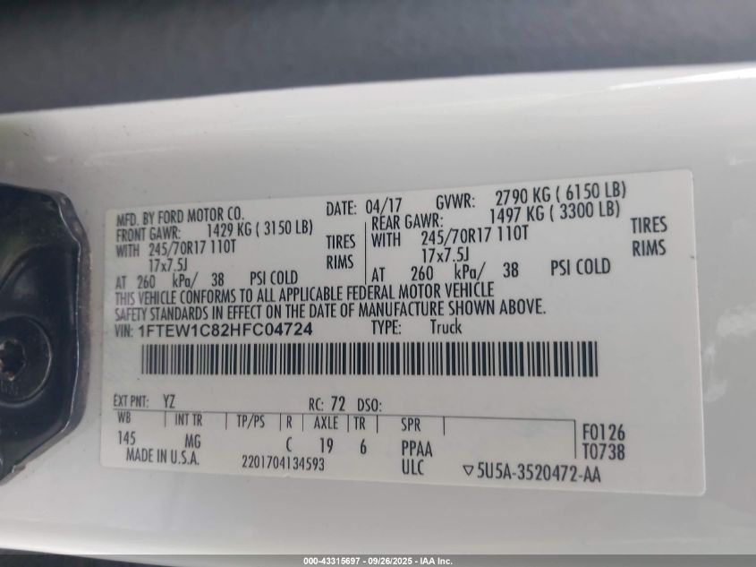 2017 Ford F-150 Xlt VIN: 1FTEW1C82HFC04724 Lot: 43315697