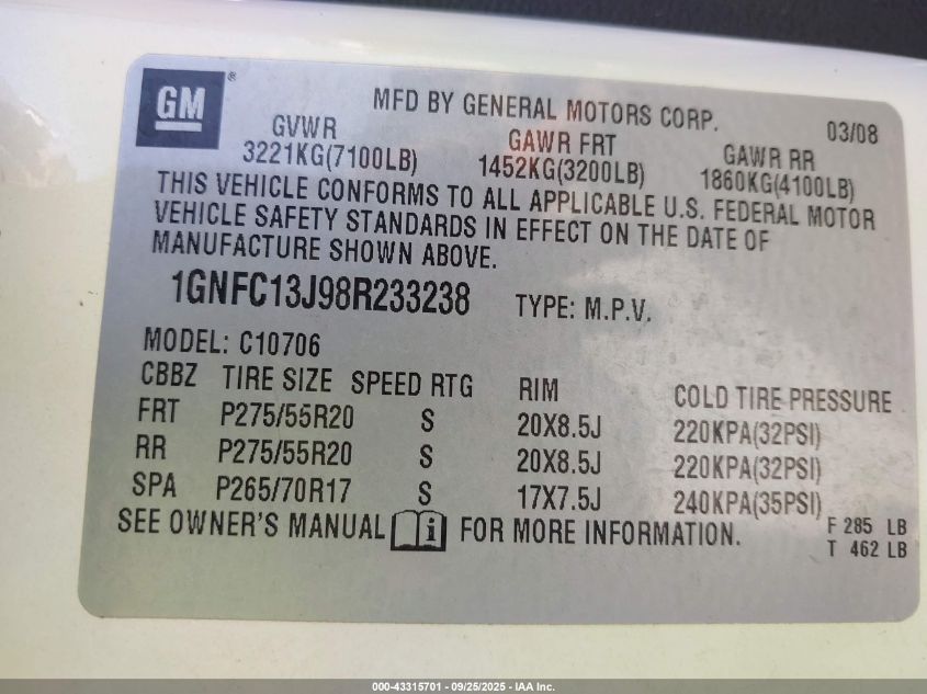 2008 Chevrolet Tahoe Ltz VIN: 1GNFC13J98R233238 Lot: 43315701
