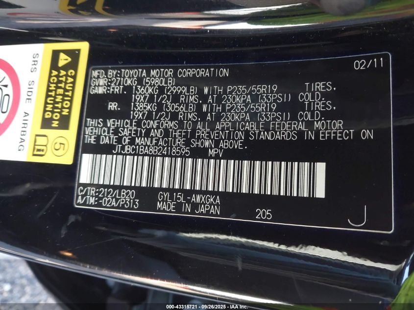 2011 Lexus Rx 450H VIN: JTJBC1BA8B2418595 Lot: 43315721