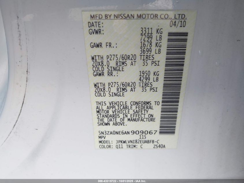 2010 Infiniti Qx56 VIN: 5N3ZA0NE6AN909067 Lot: 43315722