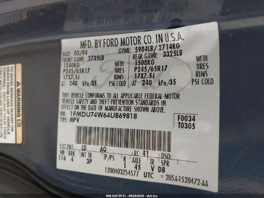 2004 Ford Explorer Eddie Bauer VIN: 1FMDU74W64UB69818 Lot: 43315731