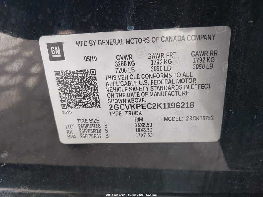 2019 Chevrolet Silverado 1500 Ld Lt VIN: 2GCVKPEC2K1196218 Lot: 43315737
