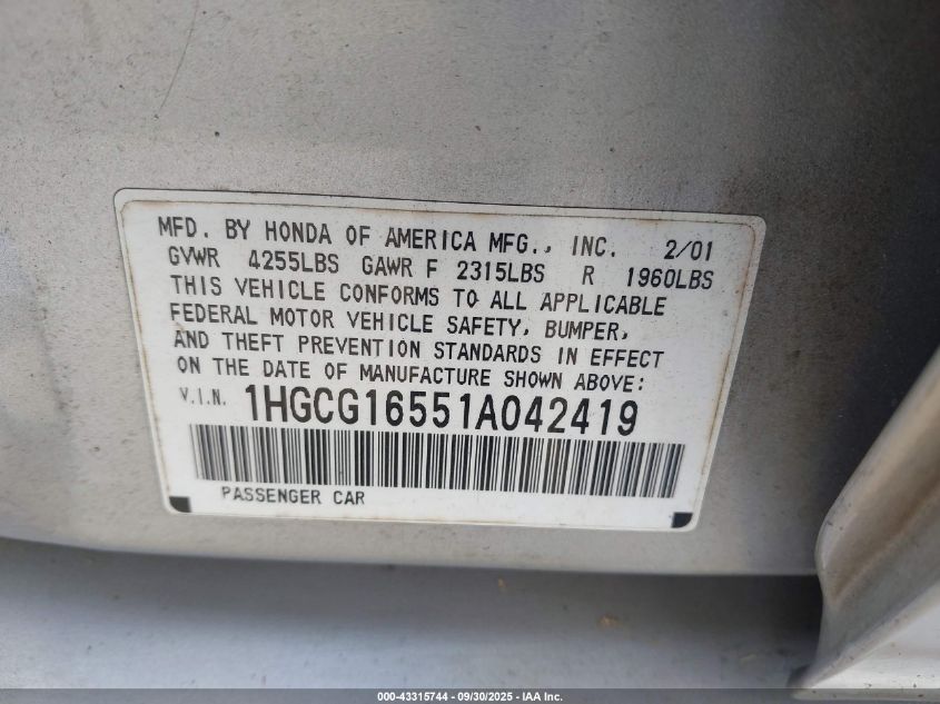 2001 Honda Accord 3.0 Ex VIN: 1HGCG16551A042419 Lot: 43315744