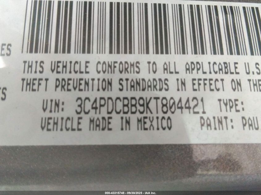 2019 Dodge Journey Se VIN: 3C4PDCBB9KT804421 Lot: 43315748