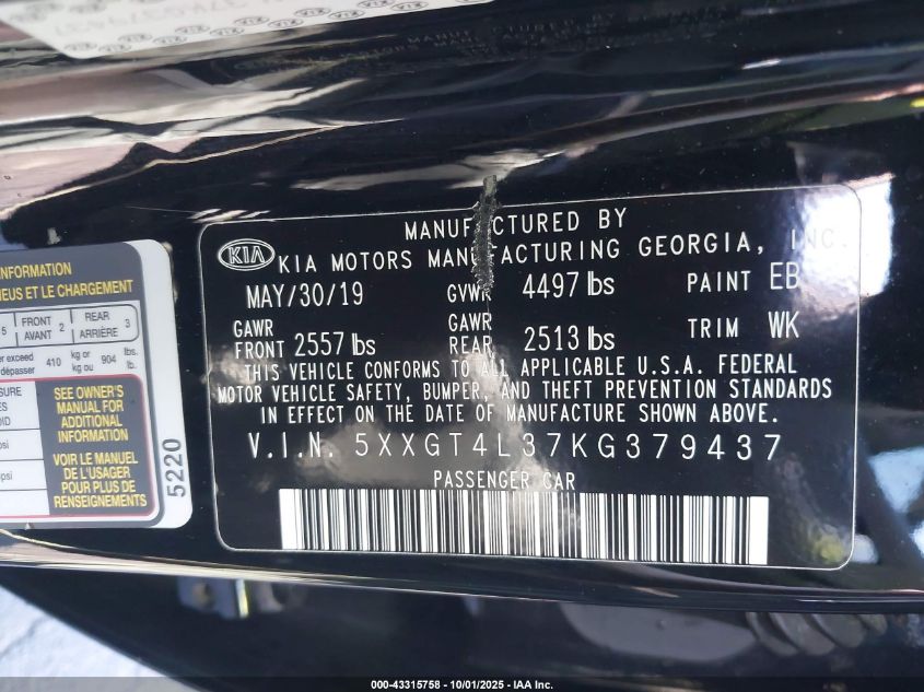 2019 Kia Optima Lx VIN: 5XXGT4L37KG379437 Lot: 43315758