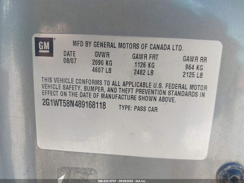 2008 Chevrolet Impala Lt VIN: 2G1WT58N489168118 Lot: 43315757
